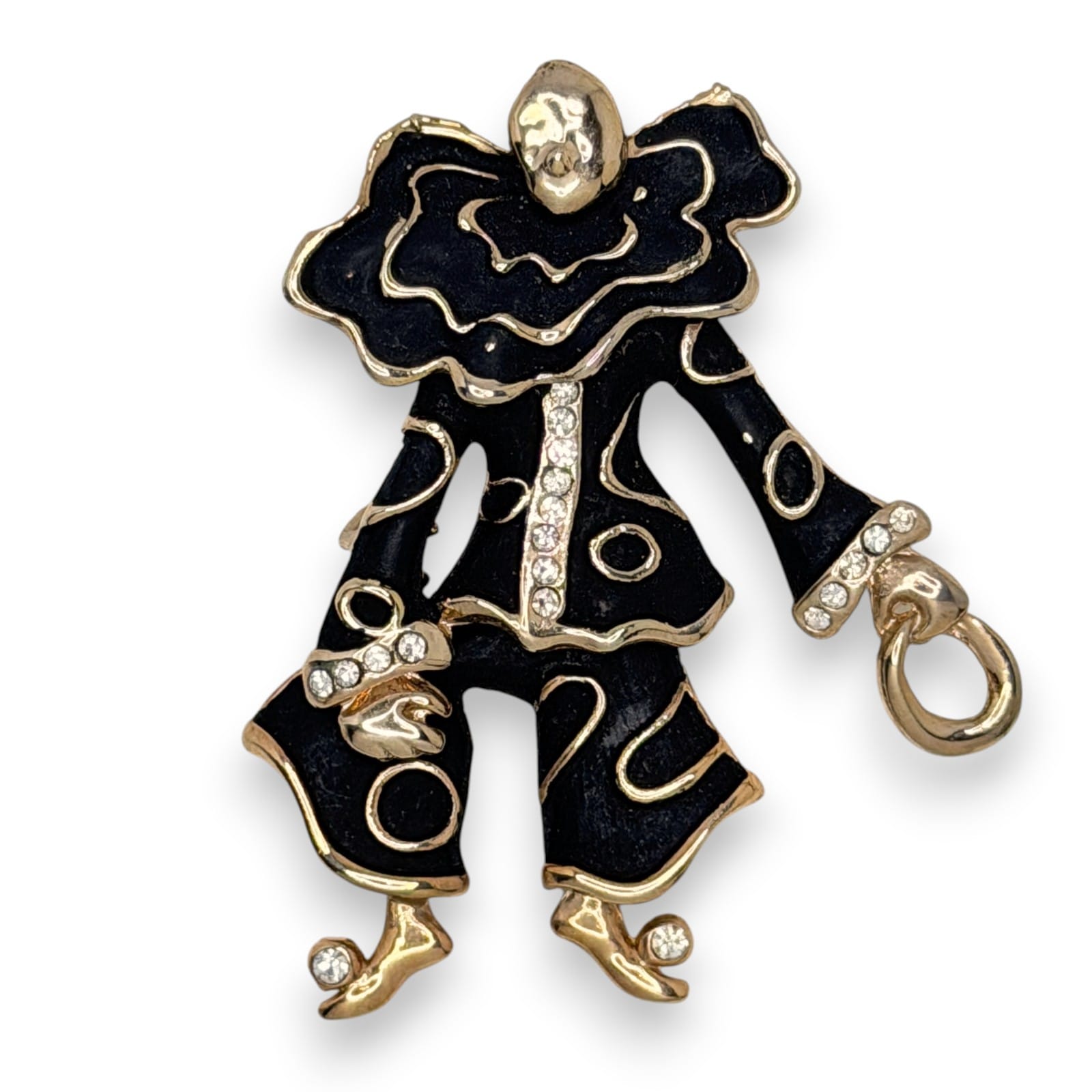 1970s Articulated Clown Figural Brooch Black Enamel Rhinestone Gold Tone Pin
