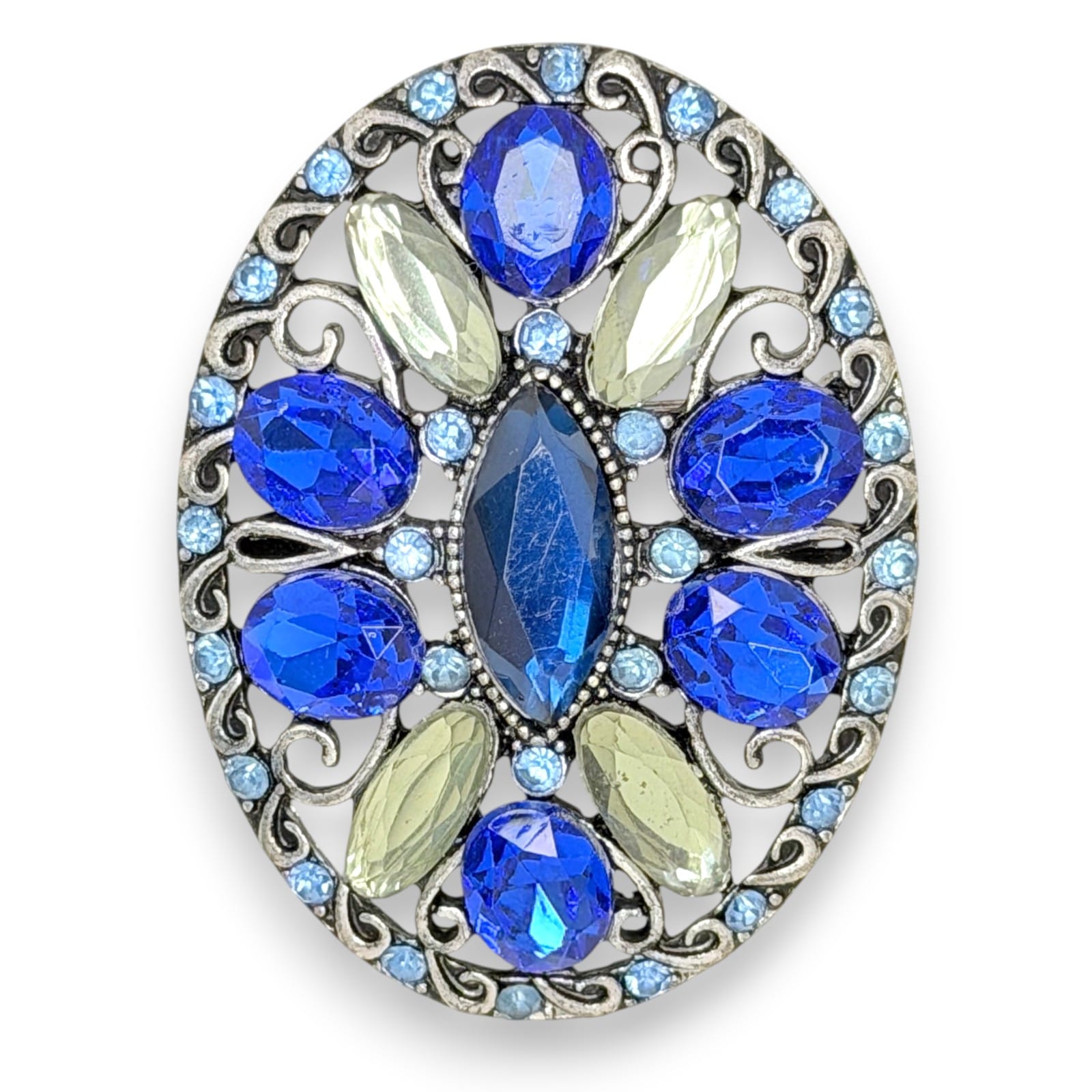 1990s Liz Claiborne Silver Tone Blue Green Acrylic Gem Oval Brooch Pin Signed