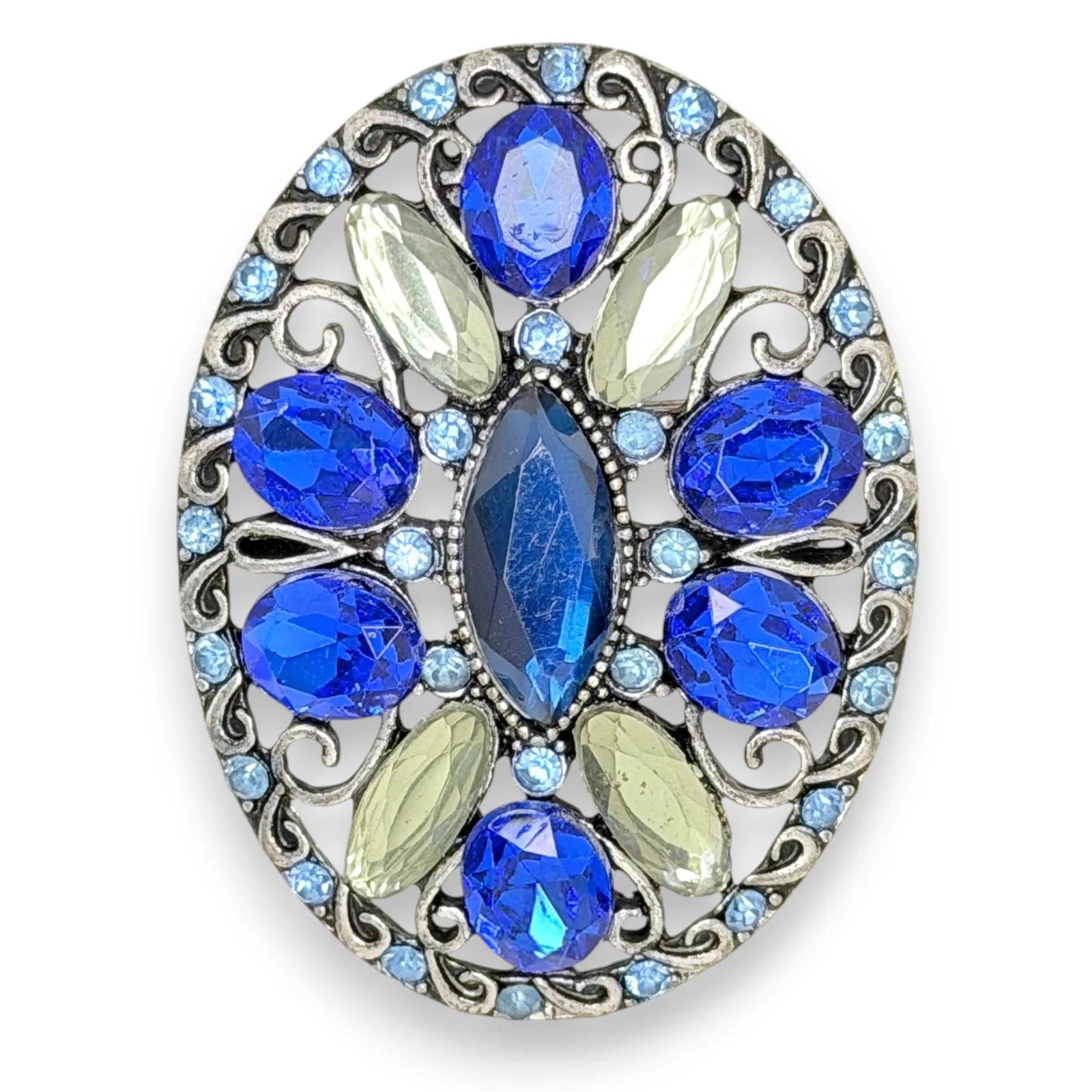 1990s Liz Claiborne Silver Tone Blue Green Acrylic Gem Oval Brooch Pin Signed