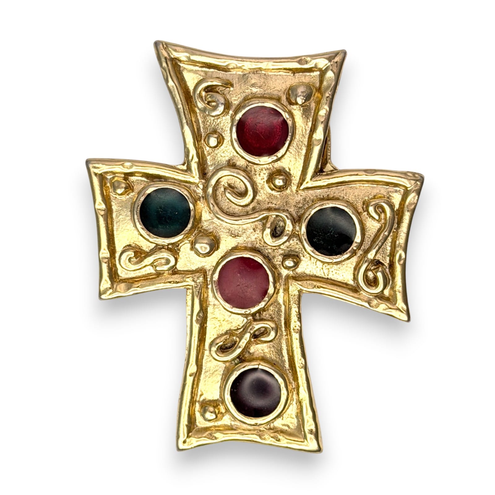 Vintage c.1980s Gold Tone Cross Scarf Dress Clip Red Black Cabochon Religious