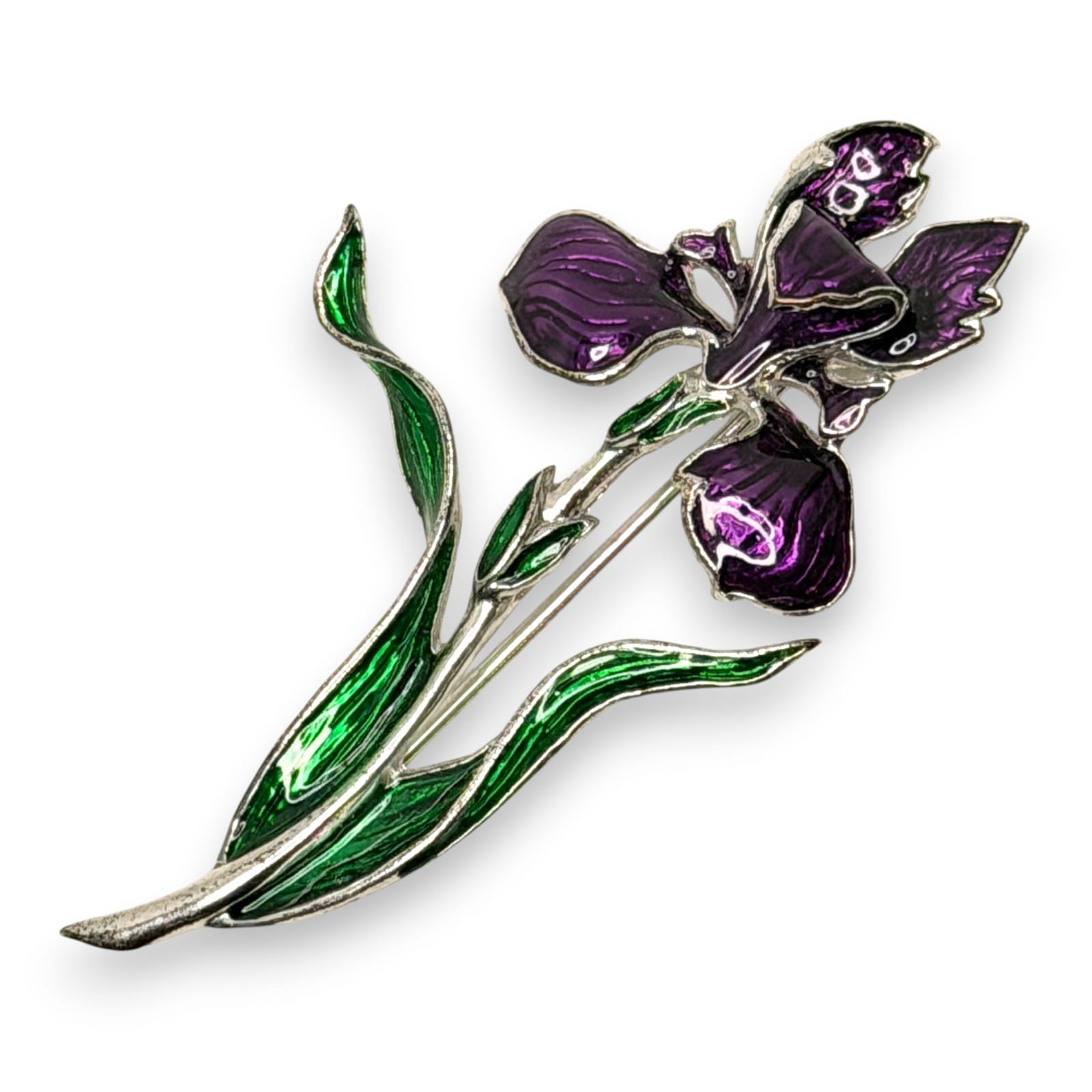 1990s Fish Crown Enamel Iris Flower Brooch Purple Green Silver Tone Pin England