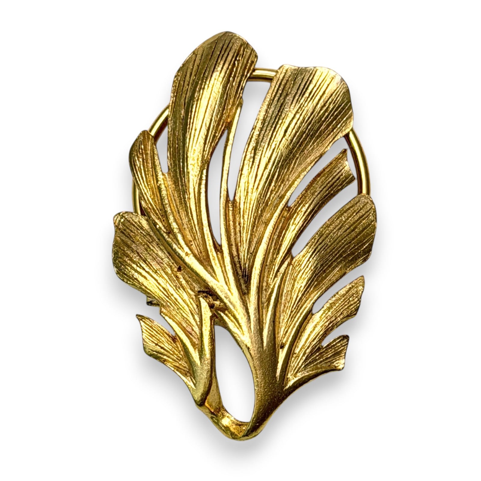 Mid-Century Gold Tone Leaf Scarf Dress Clip Openwork Botanical Design c.1950s