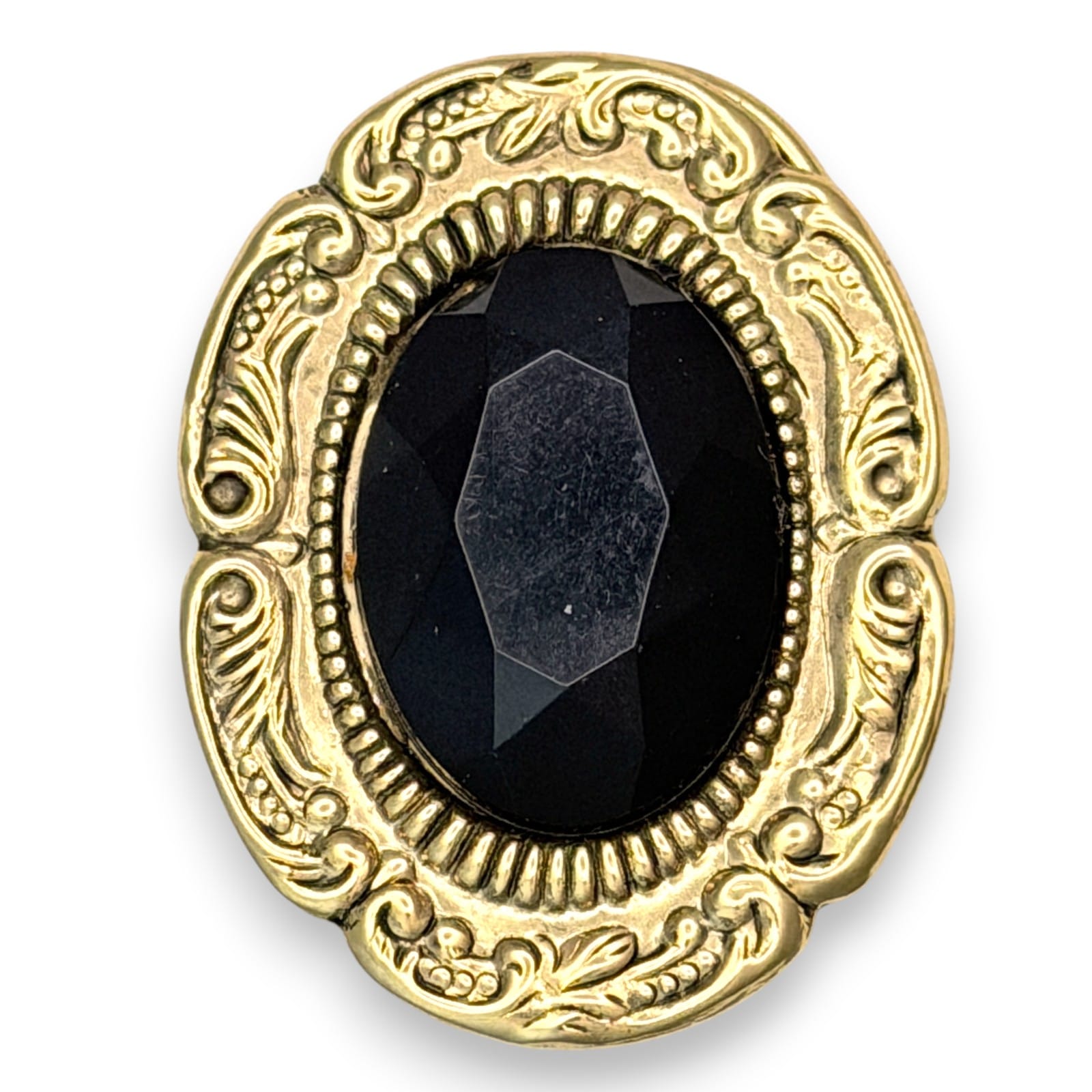 Vintage 1970s Gold Tone Black Faceted Cabochon Oval Scarf Clip Victorian Style