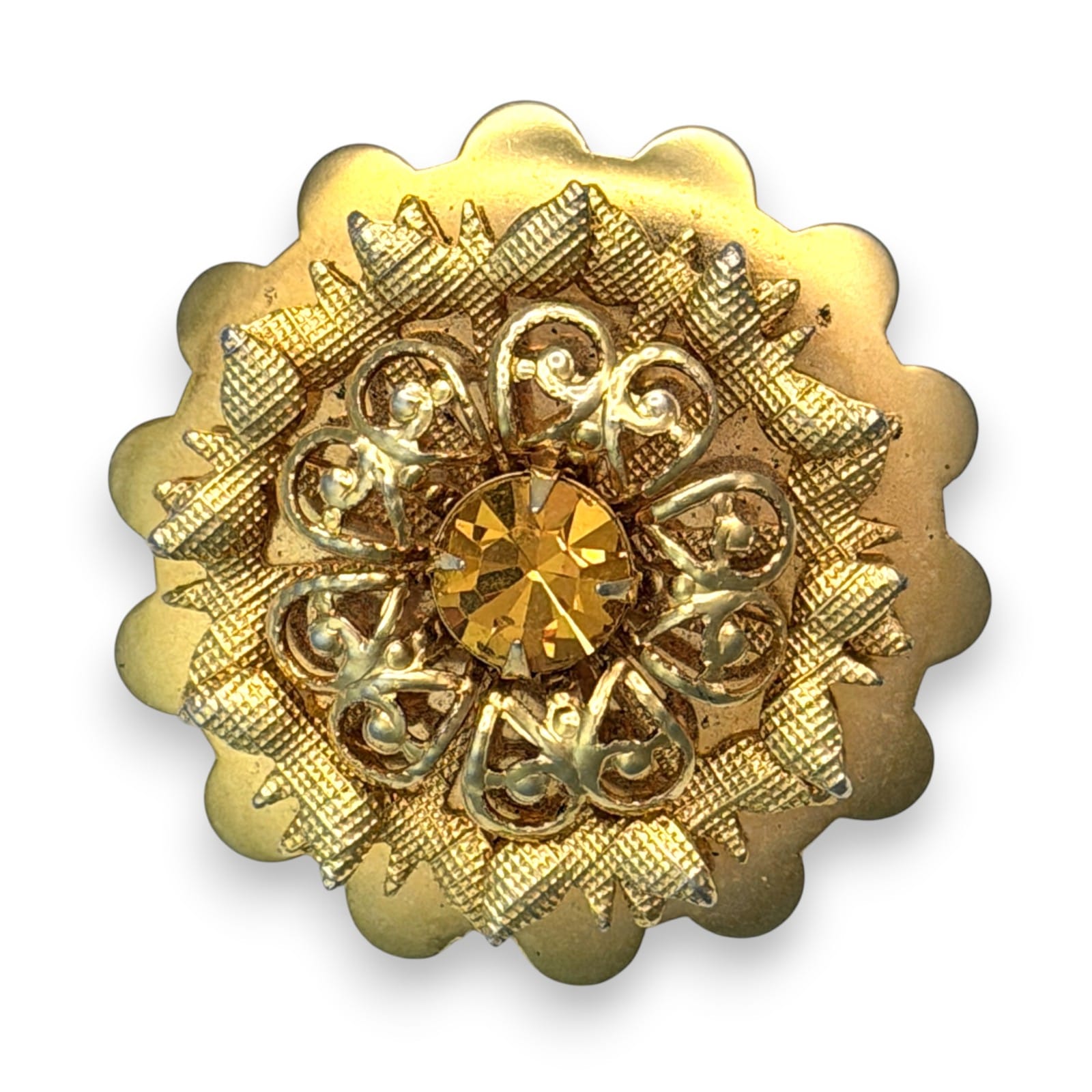 Vintage 1960s Gold Tone Orange Glass Rhinestone Filigree Tiered Scarf Clip 1.5"