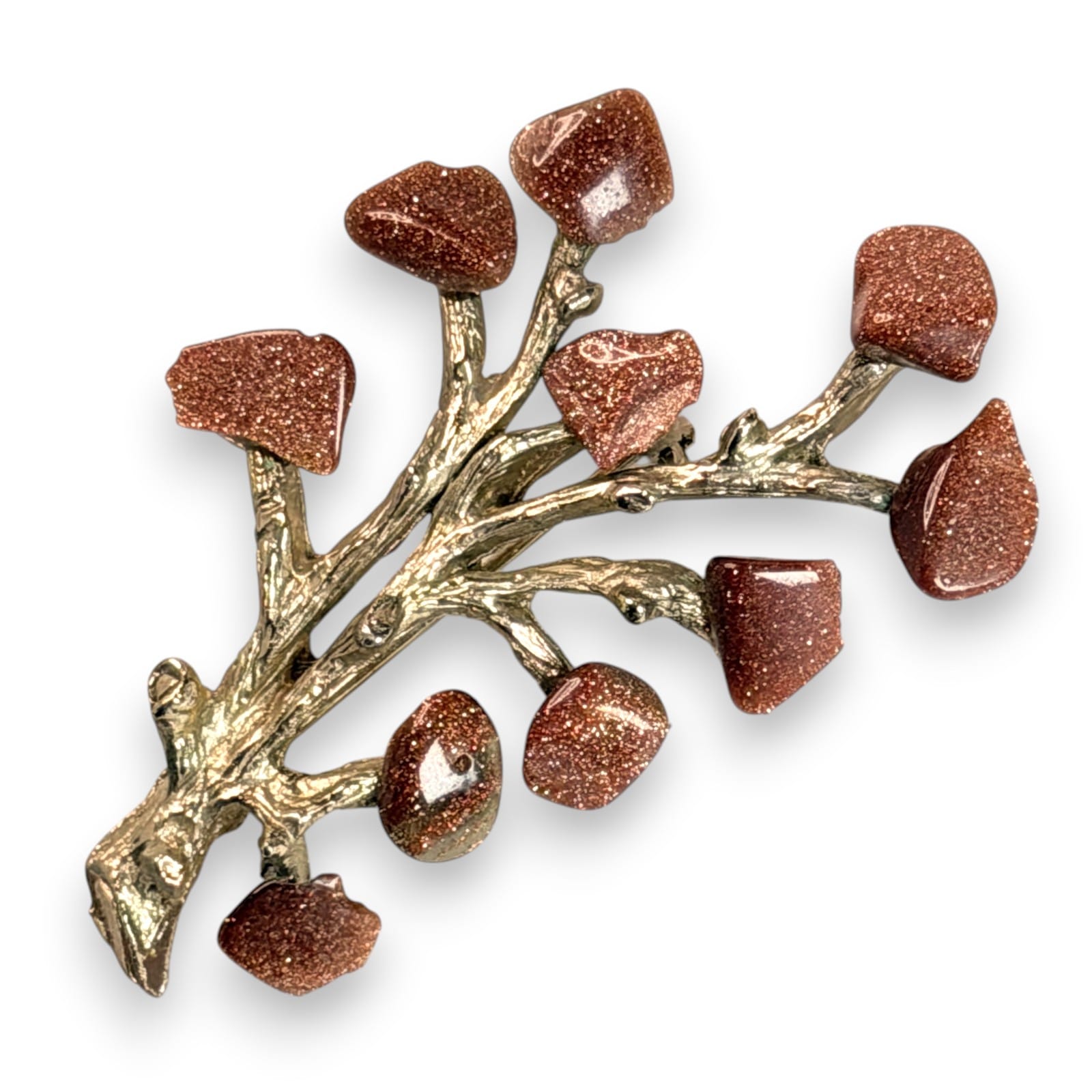 1950s Gold Tone Goldstone Chip Tree Brooch Mid-Century Branch Design Pin 2.25in