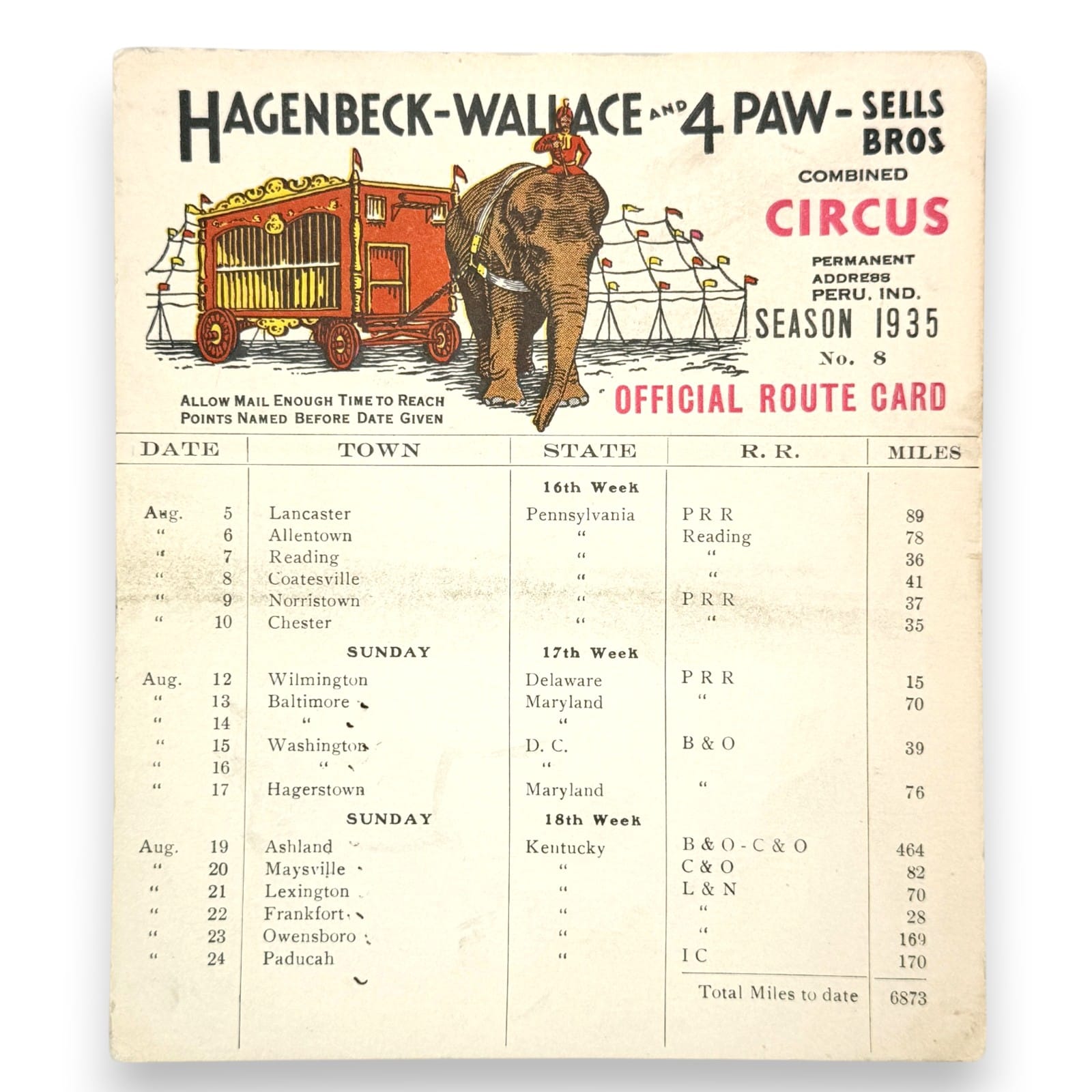 1935 Hagenbeck-Wallace 4 Paw-Sells Bros Circus Elephant Multi-Color Route Card