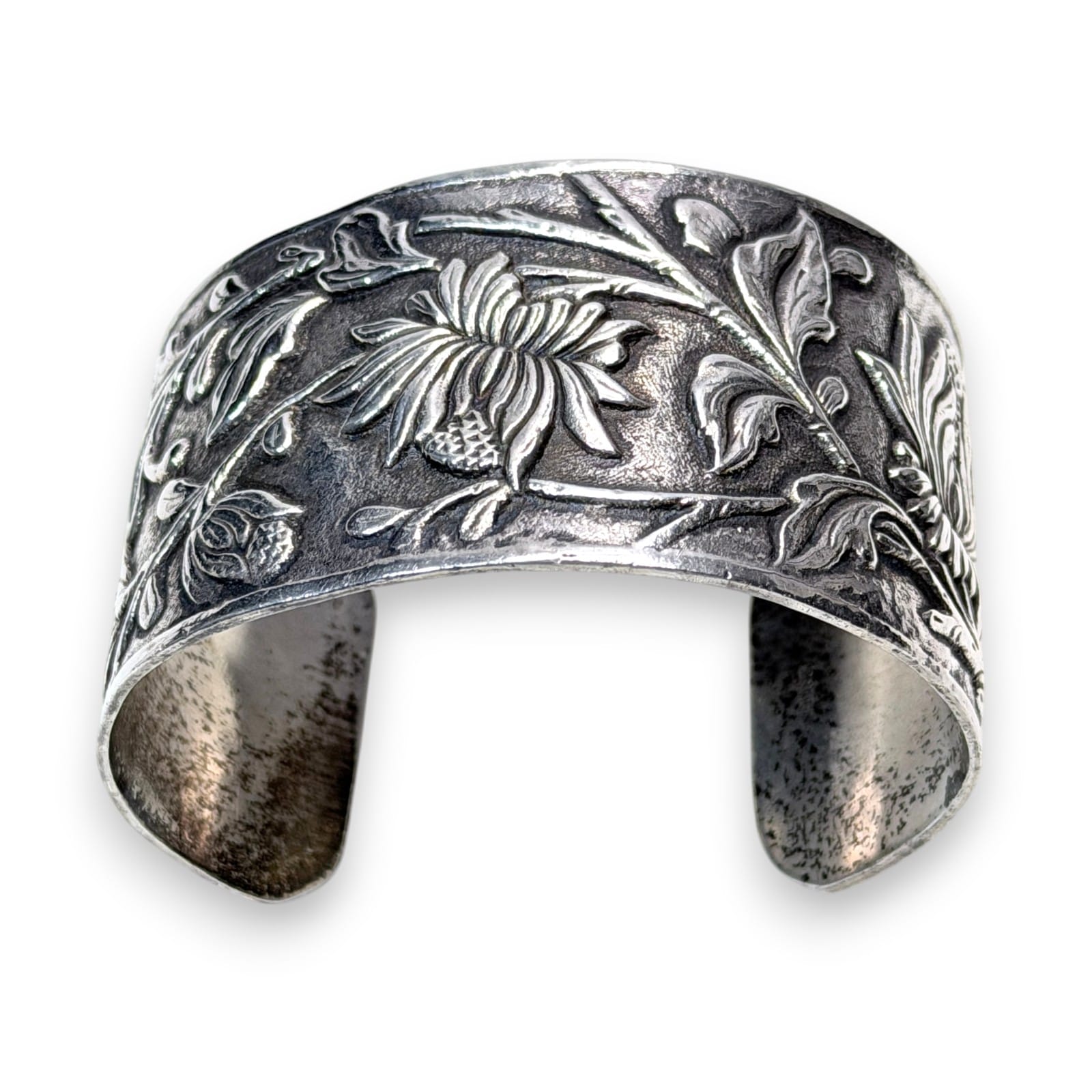 Vintage Mid-Century Sterling Silver Floral Cuff Bracelet Wide 75g Hand-Hammered