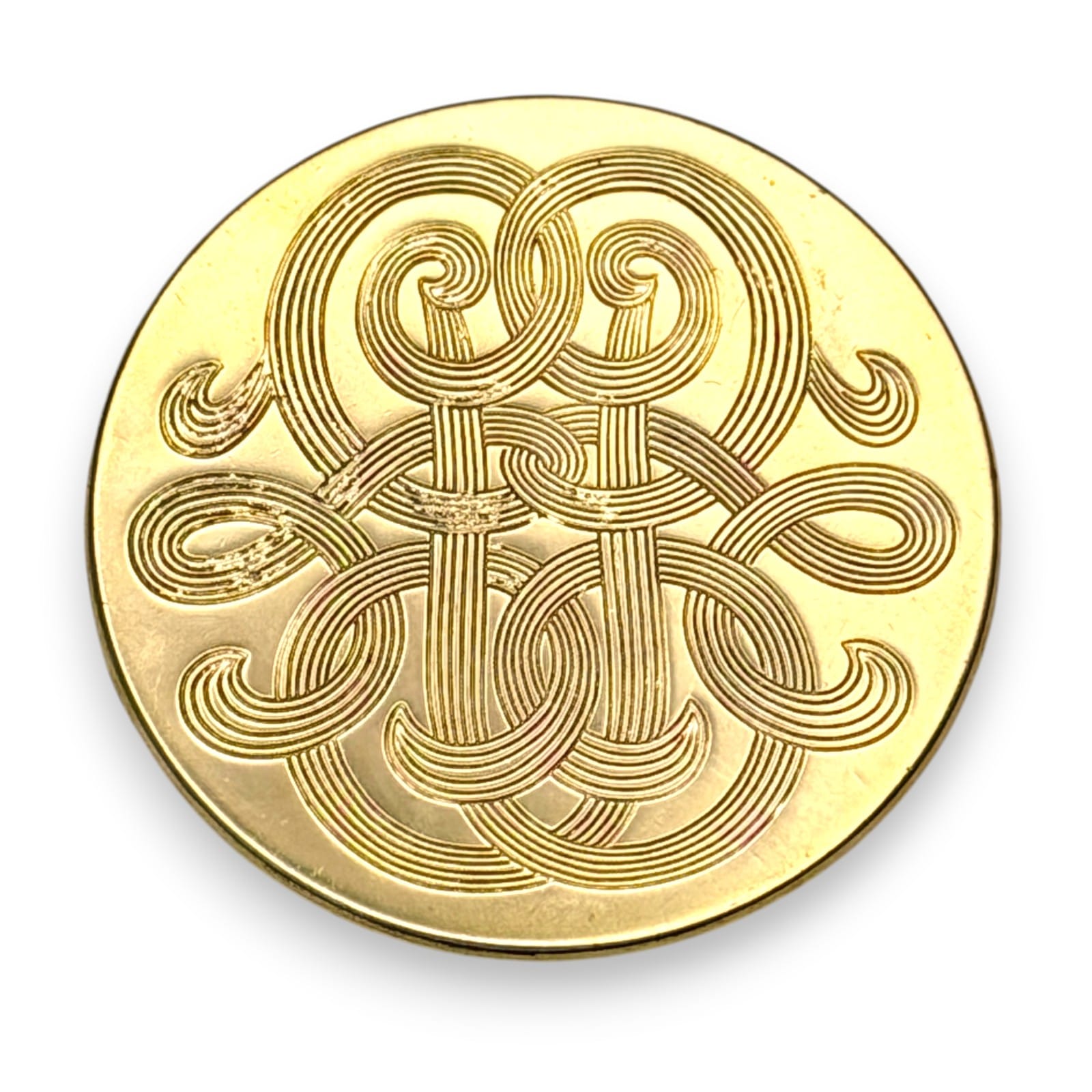 Mid-Century Gold Tone Scarf Dress Clip Circular Engraved Monogram Design c.1950s