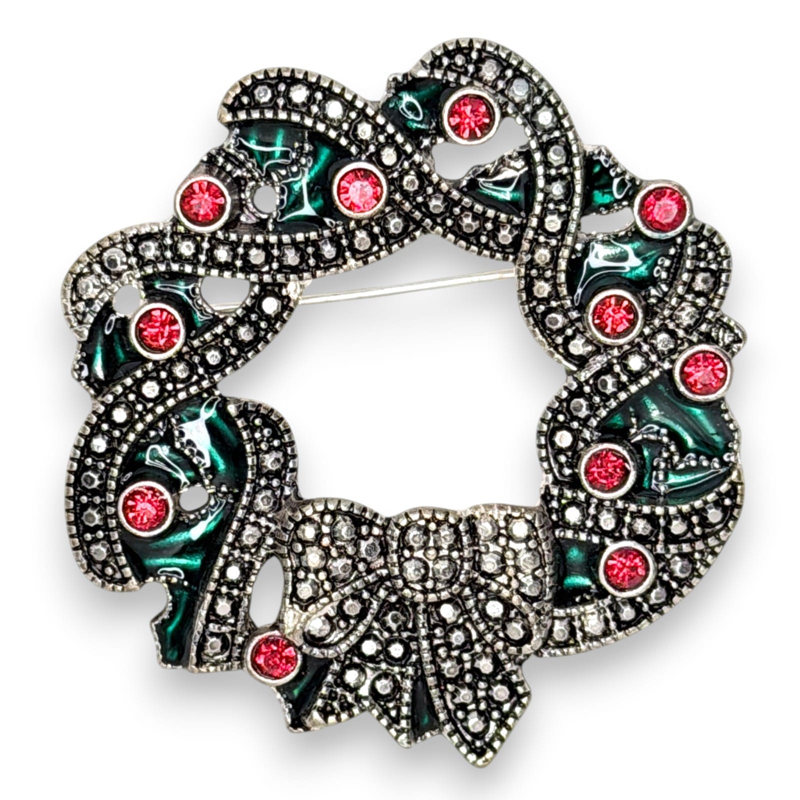 1980s Kenneth Cole Christmas Wreath Brooch Green Enamel Red Rhinestone KC Signed