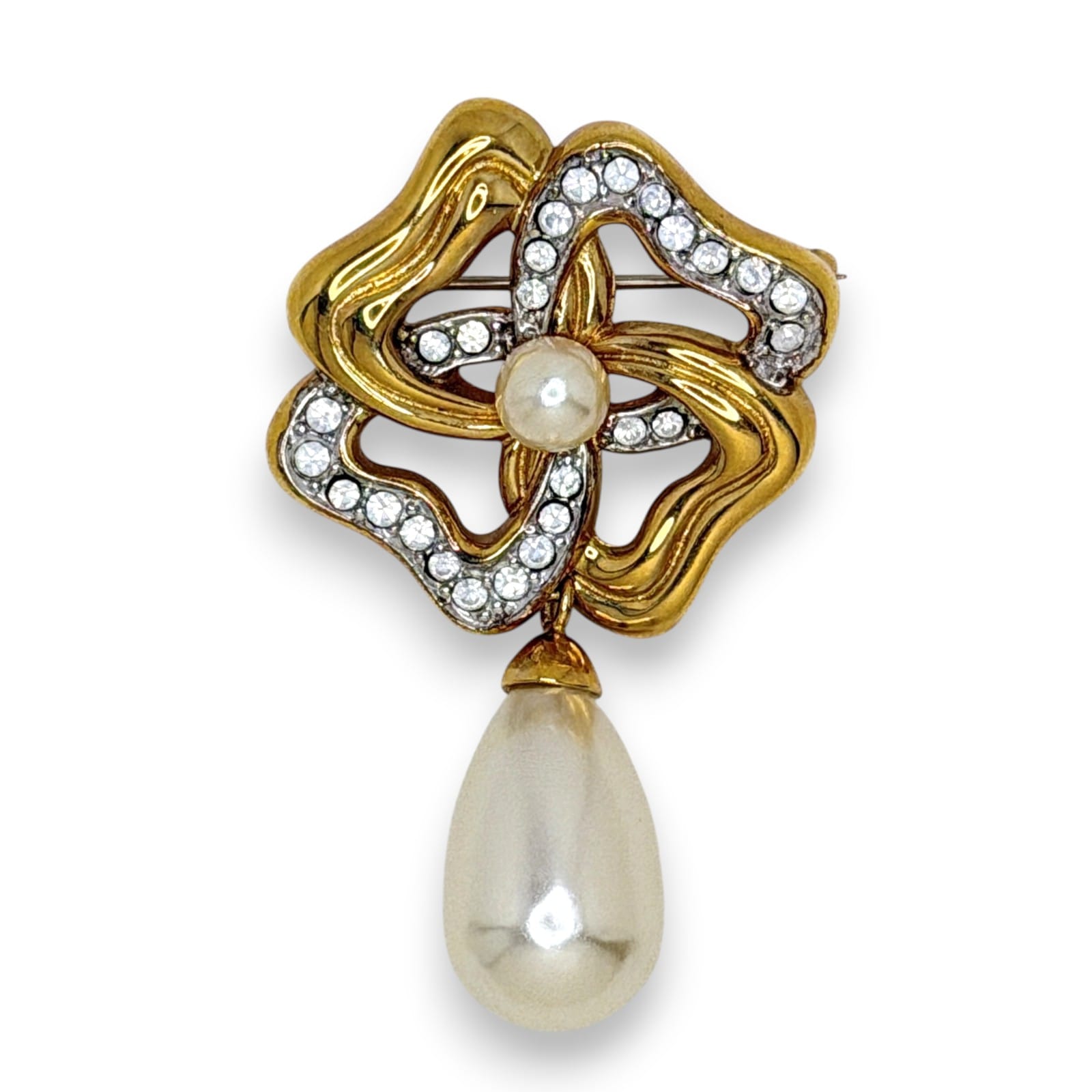 1950s Krementz Faux Pearl Rhinestone Gold Tone Dangle Flower Brooch Signed Pin