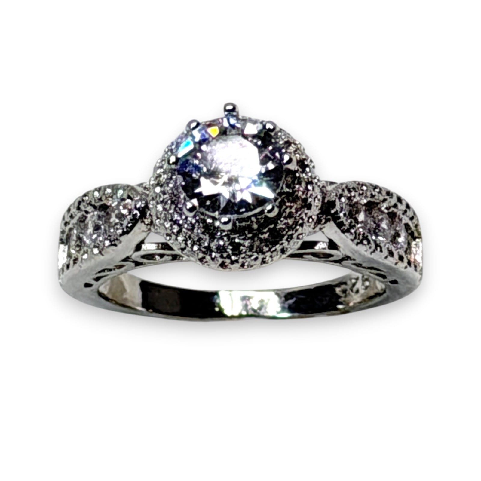 c.2000 Sterling Silver Glass Rhinestone Halo Ring Round Filigree Pave Size 9.25