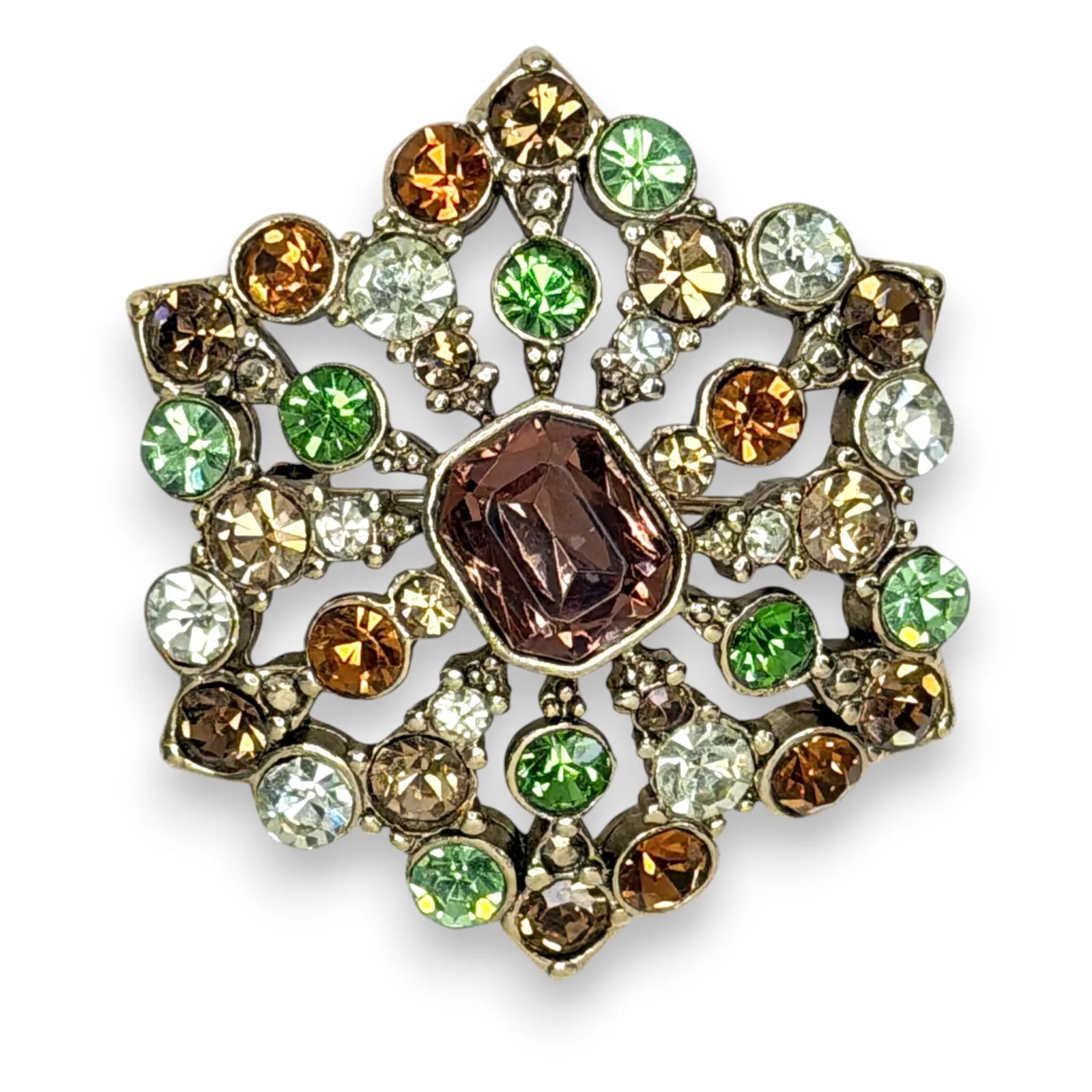 1980s Liz Claiborne LC Gold Tone Green Brown Rhinestone Openwork Brooch Pin