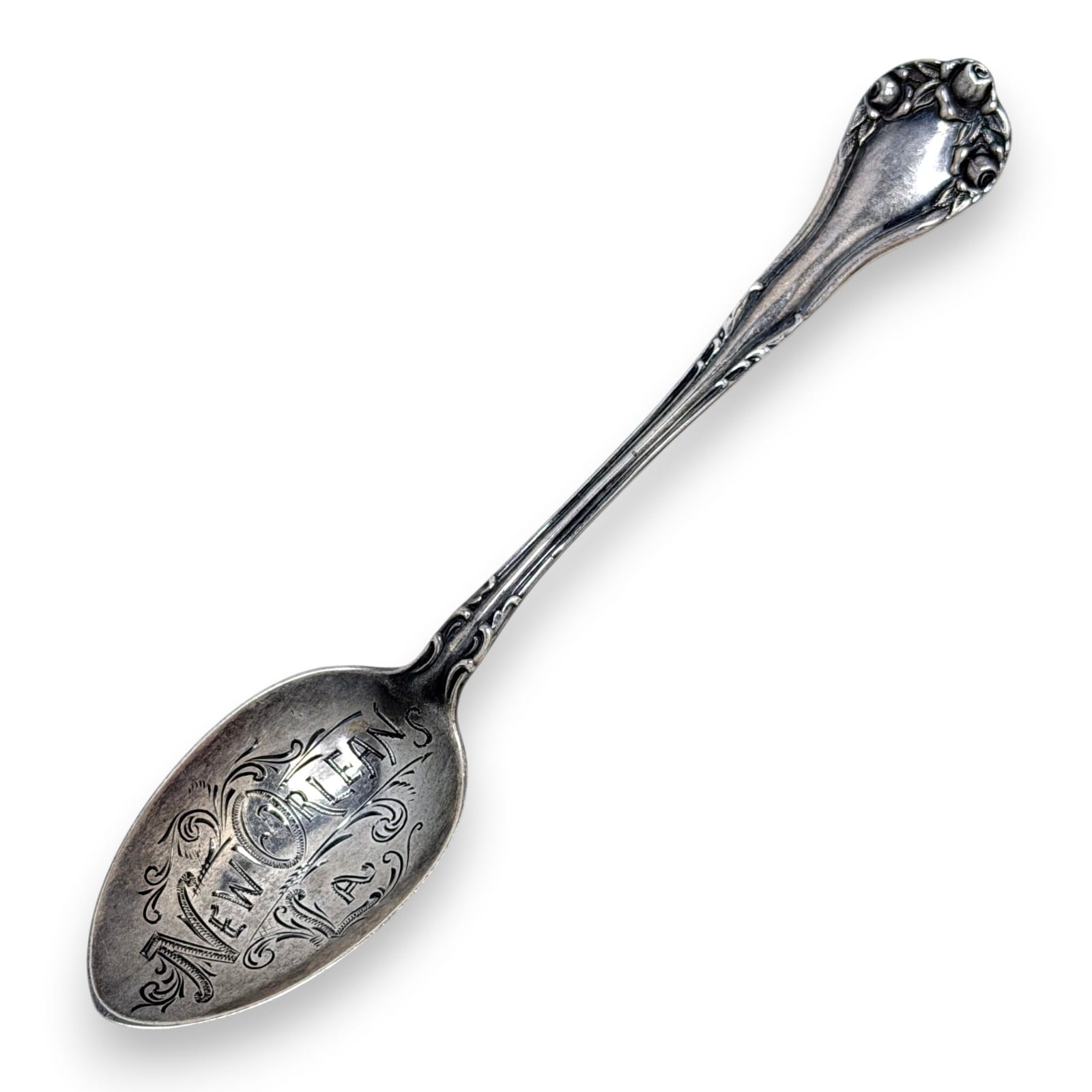Vintage c.1920s New Orleans LA Sterling Silver Souvenir Spoon Floral Handle