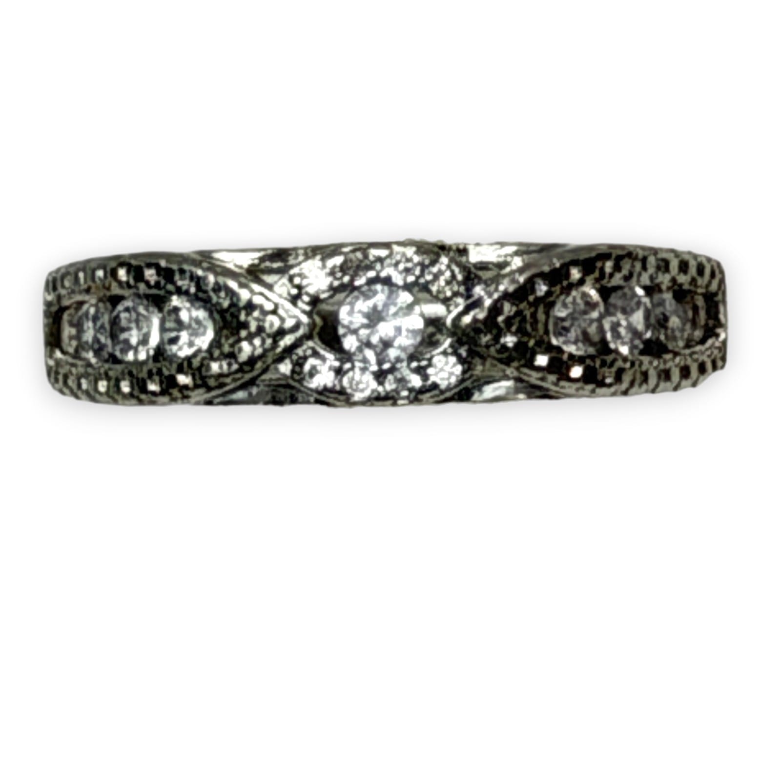 c.1990s Sterling Silver Clear Rhinestone Openwork Band Ring Size 9.25 Marked 925