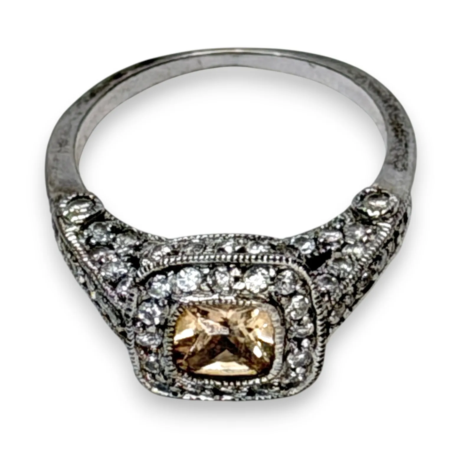 1990s Sterling Silver Art Deco Revival Glass Rhinestone Cocktail Ring Size 9