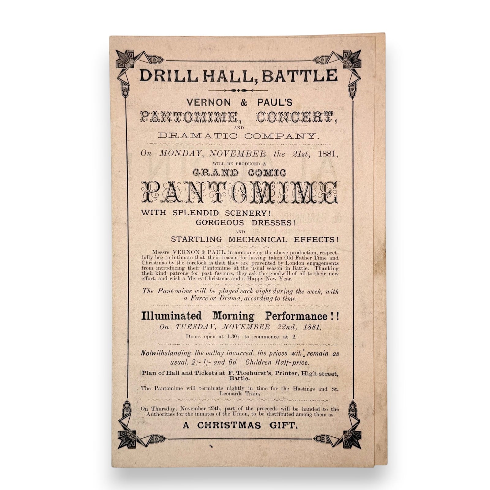 1881 Vernon & Paul Battle Theatre Pantomime Program Aladdin Ticket of Leave