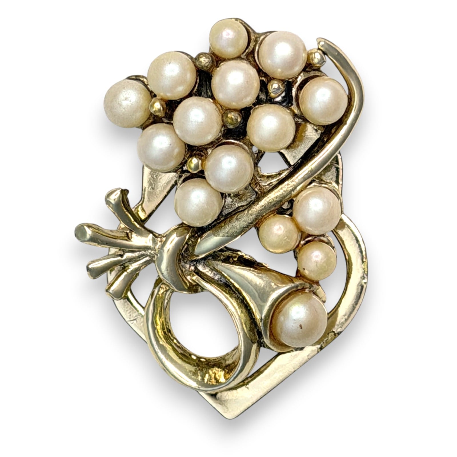 Vintage 1980s Faux Pearl Gold Tone Bow Bouquet Scarf Clip Dress Clip Jewelry