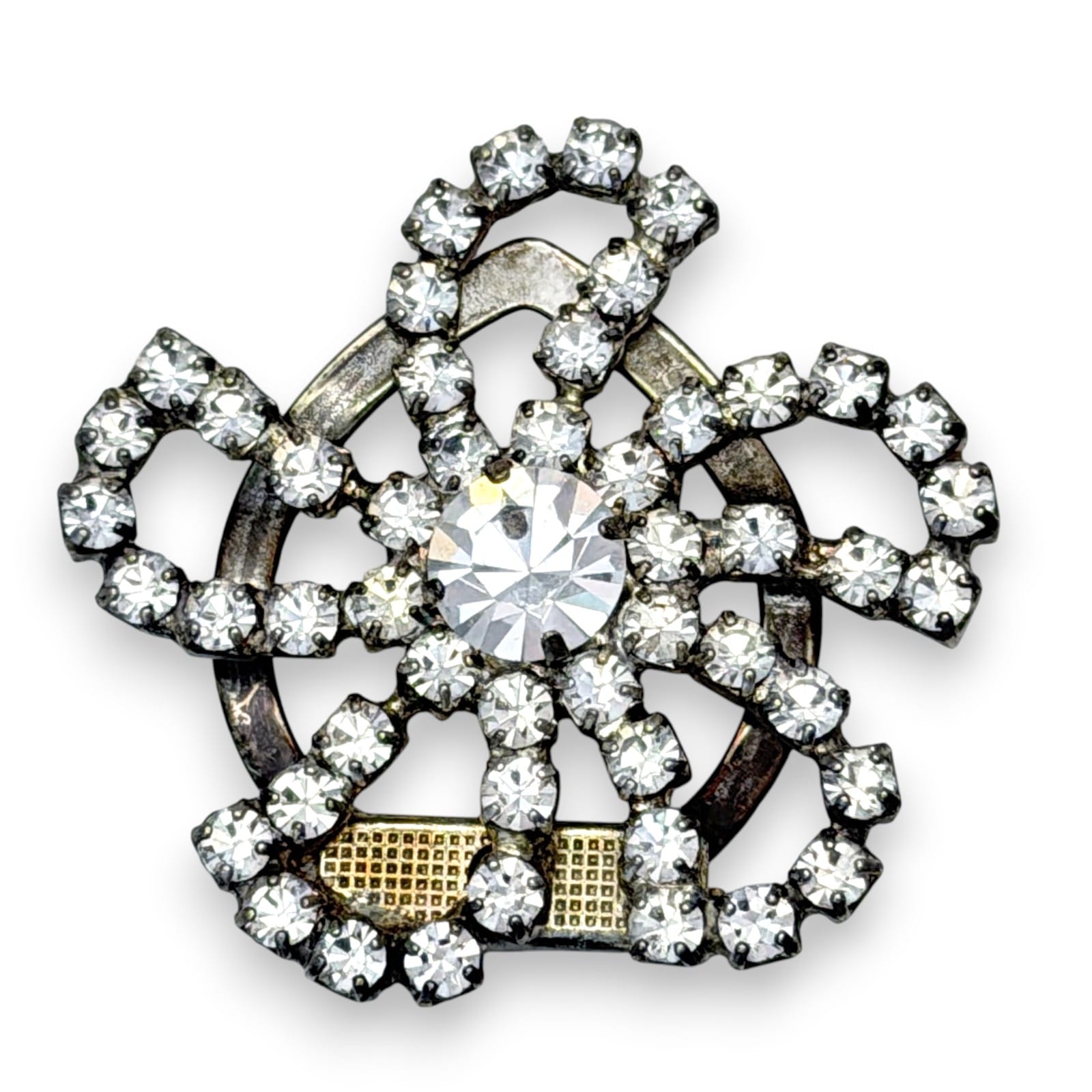 Vintage 1950s Atomic Rhinestone Whirligig Scarf Clip Silver Tone Mid-Century