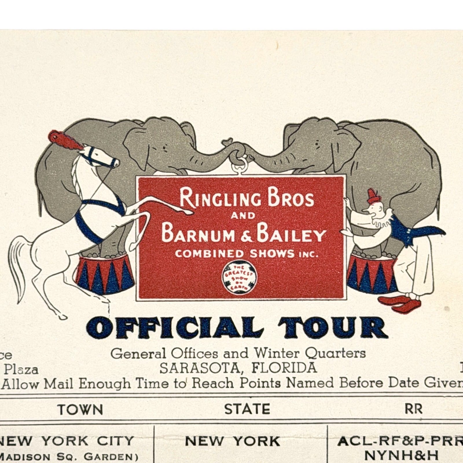 1951 Ringling Bros Barnum Bailey Circus Official Tour Route Card East Coast MSG