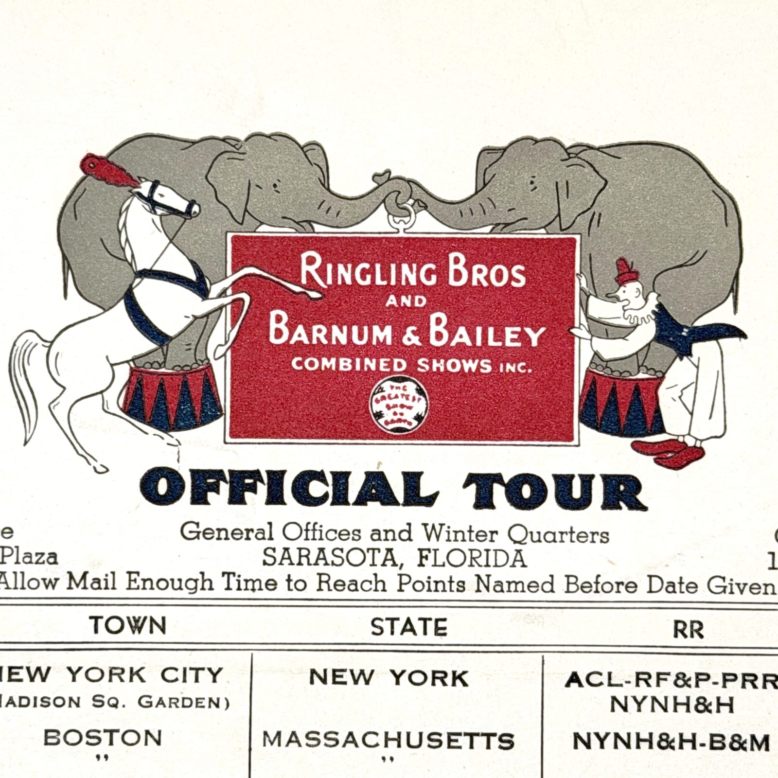 1951 Ringling Bros Barnum Bailey Circus Official Tour Route Card New York MSG