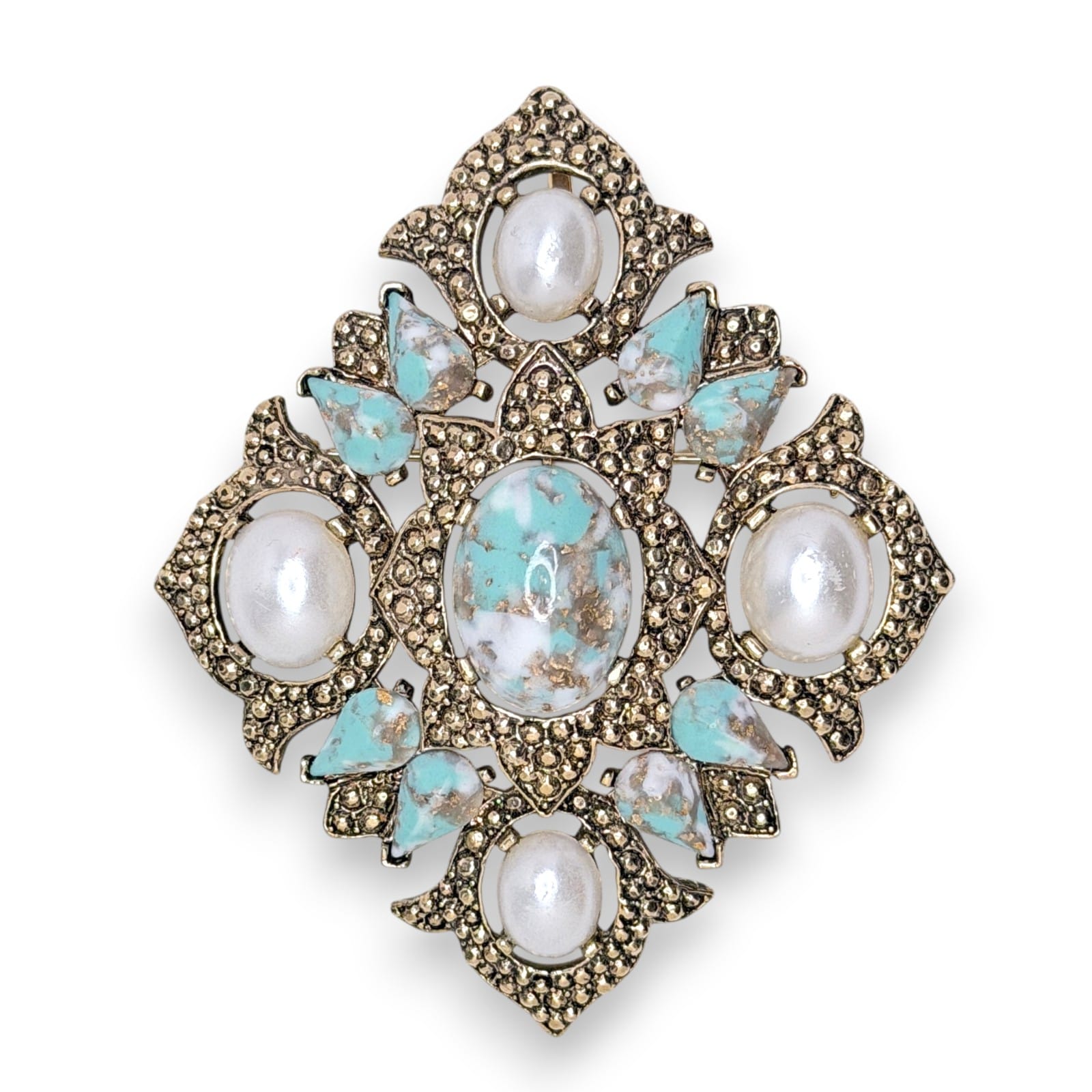 1968 Sarah Coventry Remembrance Faux Turquoise Faux Pearl Brooch Pendant Pin