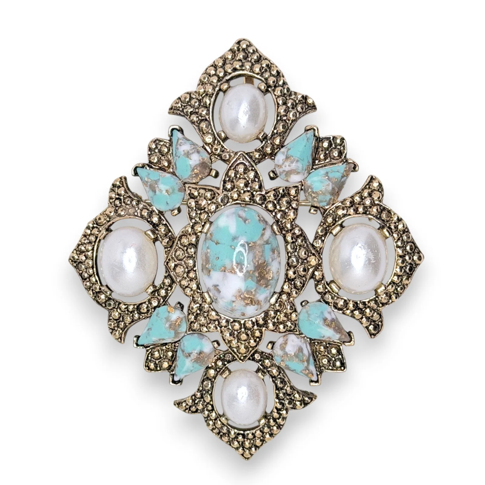 1968 Sarah Coventry Remembrance Faux Turquoise Faux Pearl Brooch Pendant Pin