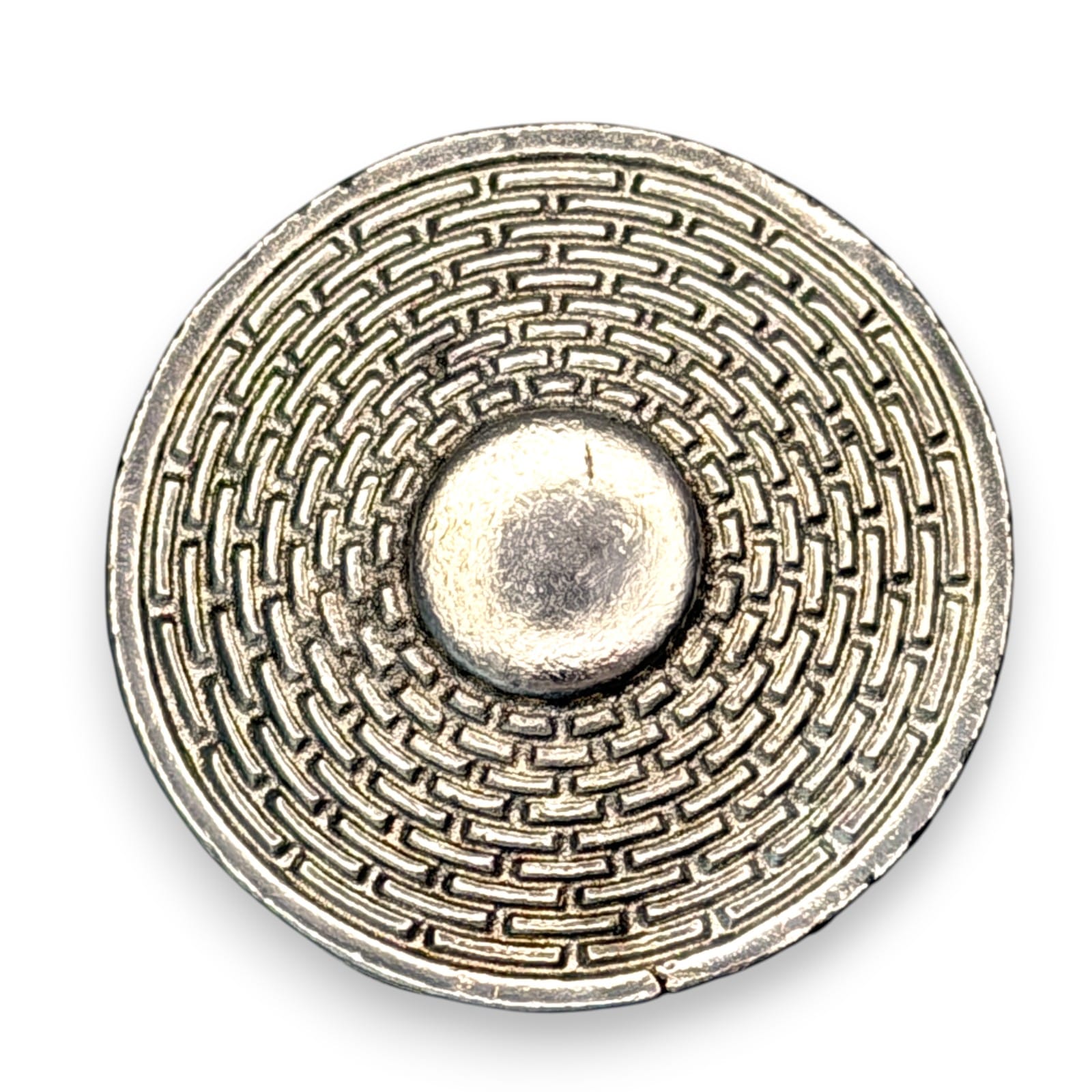 Mid-Century Silver Tone Abstract Scarf Clip Round Textured Labyrinth c.1970s