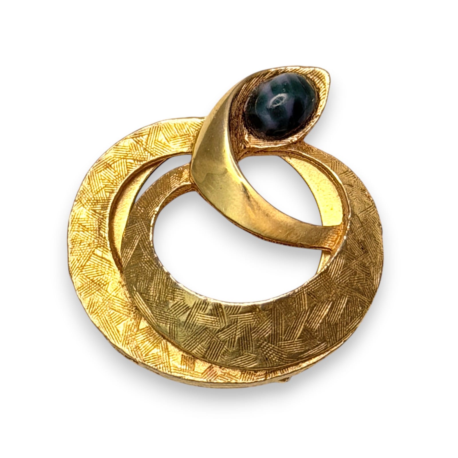 Vintage 1970s Gold Tone Snake Serpent Abstract Scarf Clip Green Cabochon Figural