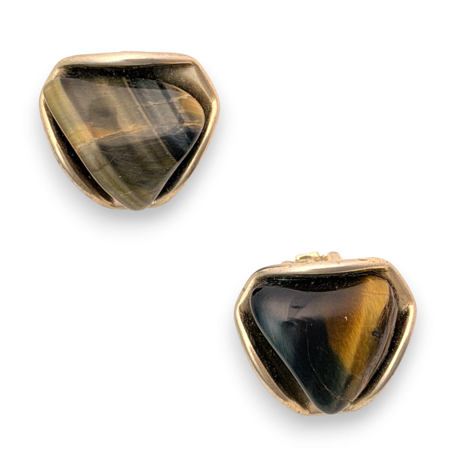 1950s Vintage Tiger Eye Stone Gold Tone Geometric Clip On Earrings Pair 7/8 in.