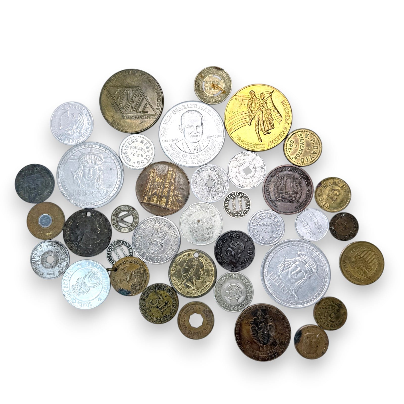 Vintage Brass & Aluminum Mixed Tokens Including Transit Parking Trade Lot of 38