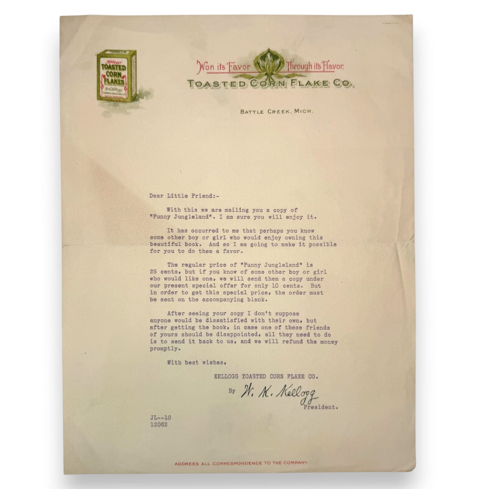 c.1910 Kellogg Toasted Corn Flake Co. Letter W. K. Kellogg Facsimile Signature
