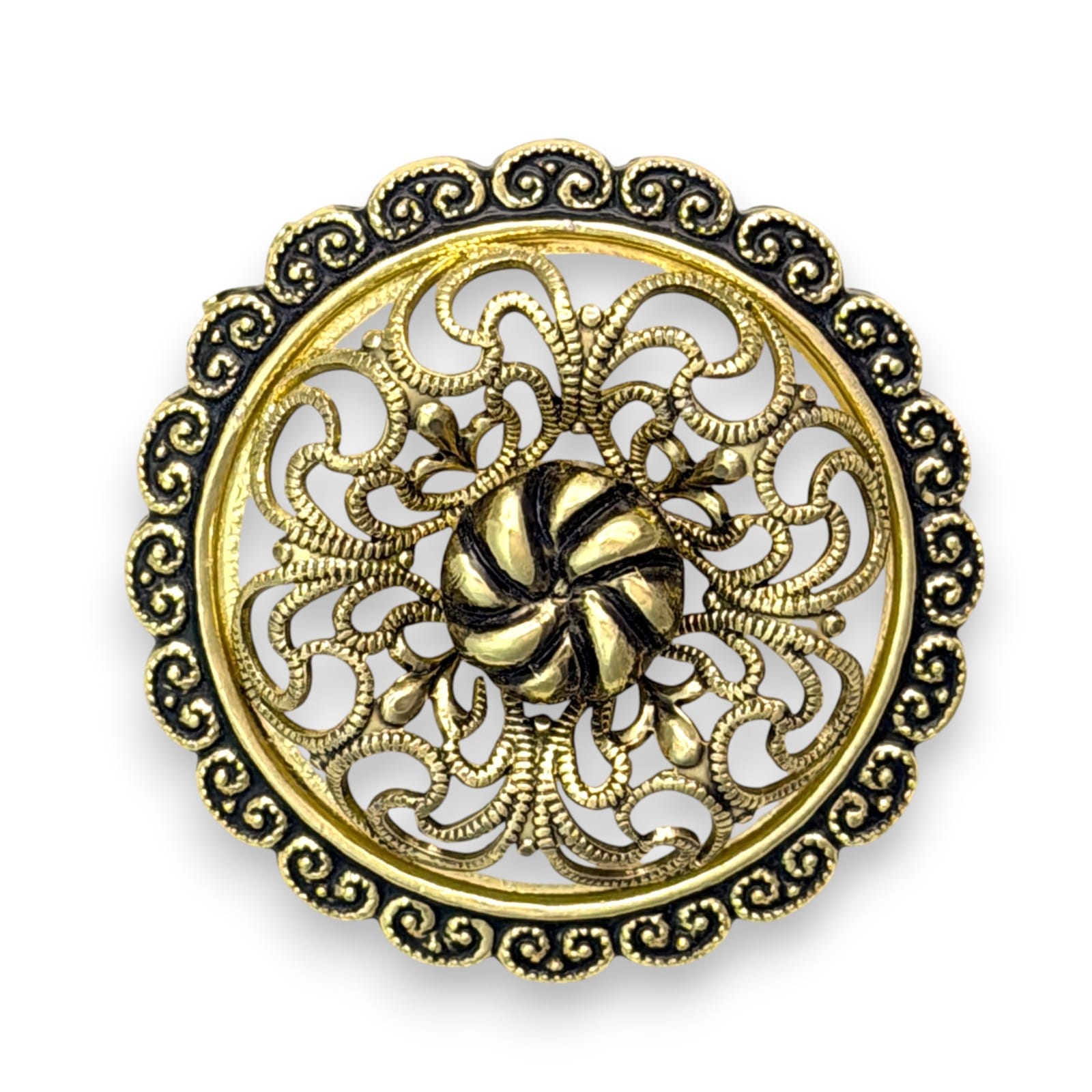 Vintage c.1960s West Germany Gold Tone Filigree Round Scarf Clip Black Accent
