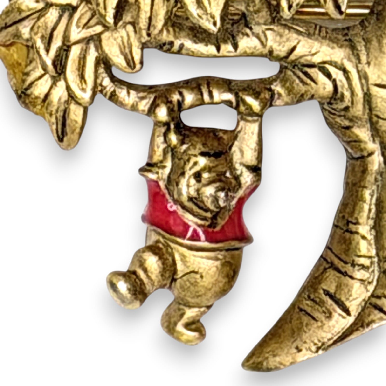 1990s Disney Winnie the Pooh Swinging Tree Gold Tone Red Enamel Figural Brooch