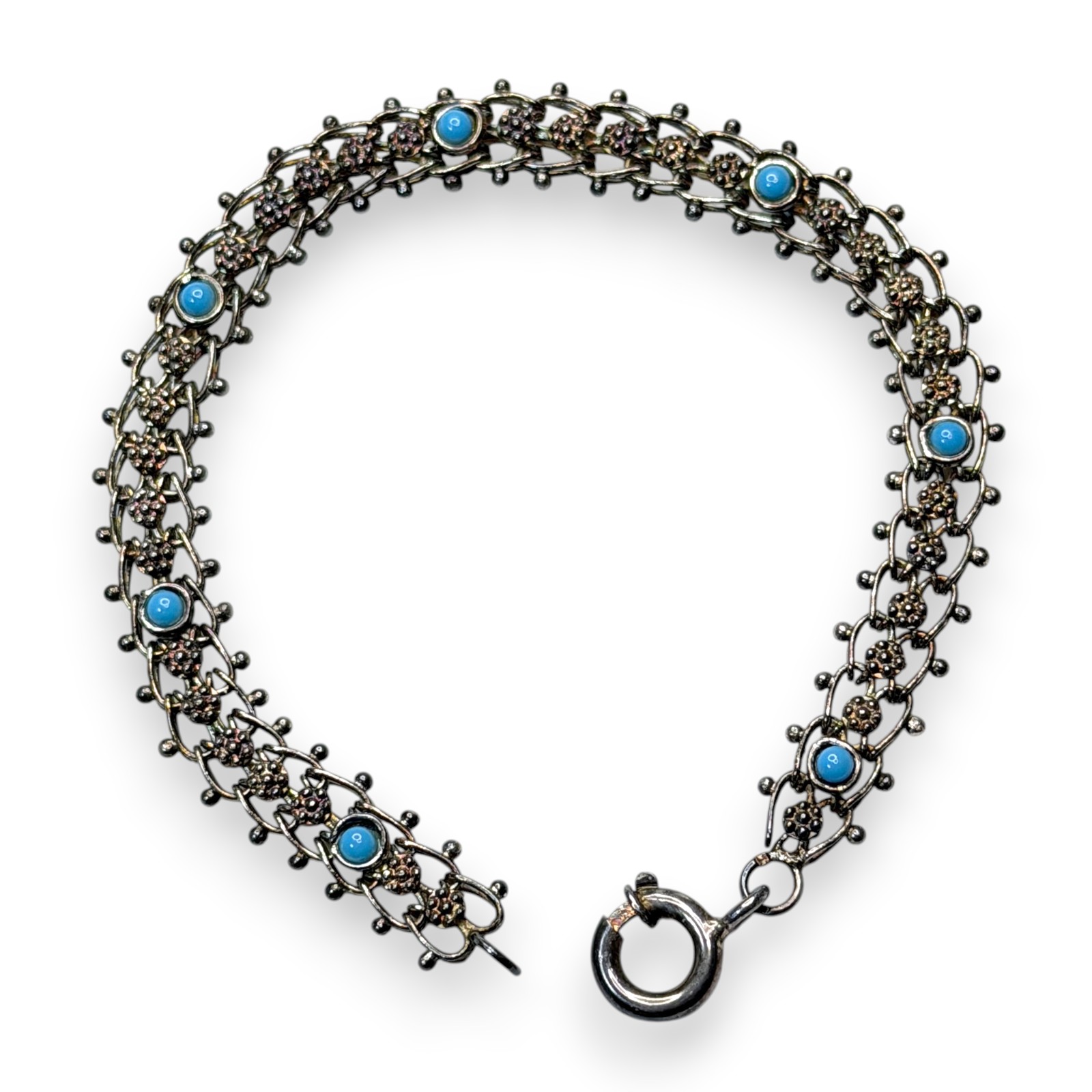 1950s Artisan Gold Wash Silver Acrylic Turquoise Cabochon Link Bracelet 7.5