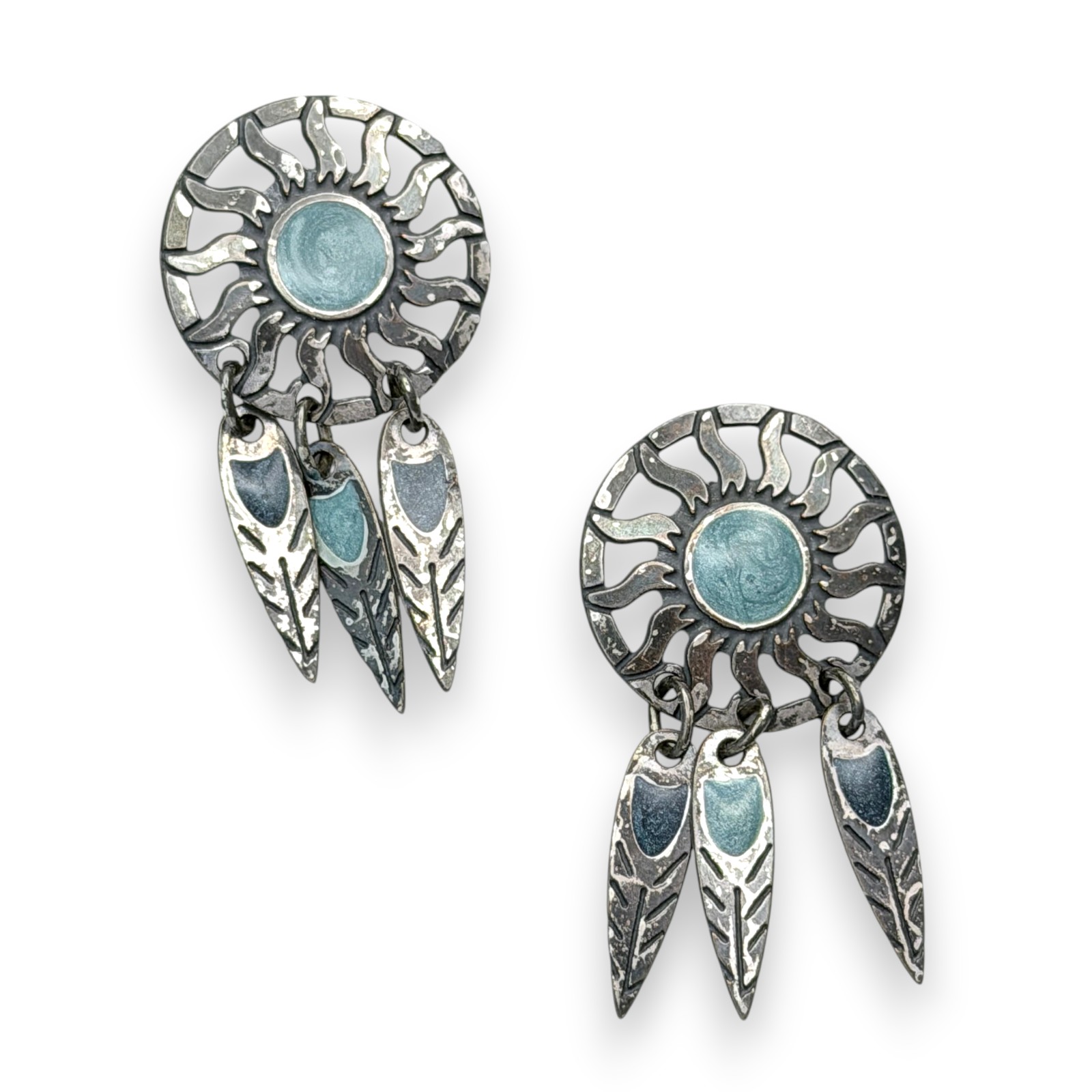 Vintage Sterling Silver Southwest Sun Dangle Post Earrings Blue Enamel c.1980s