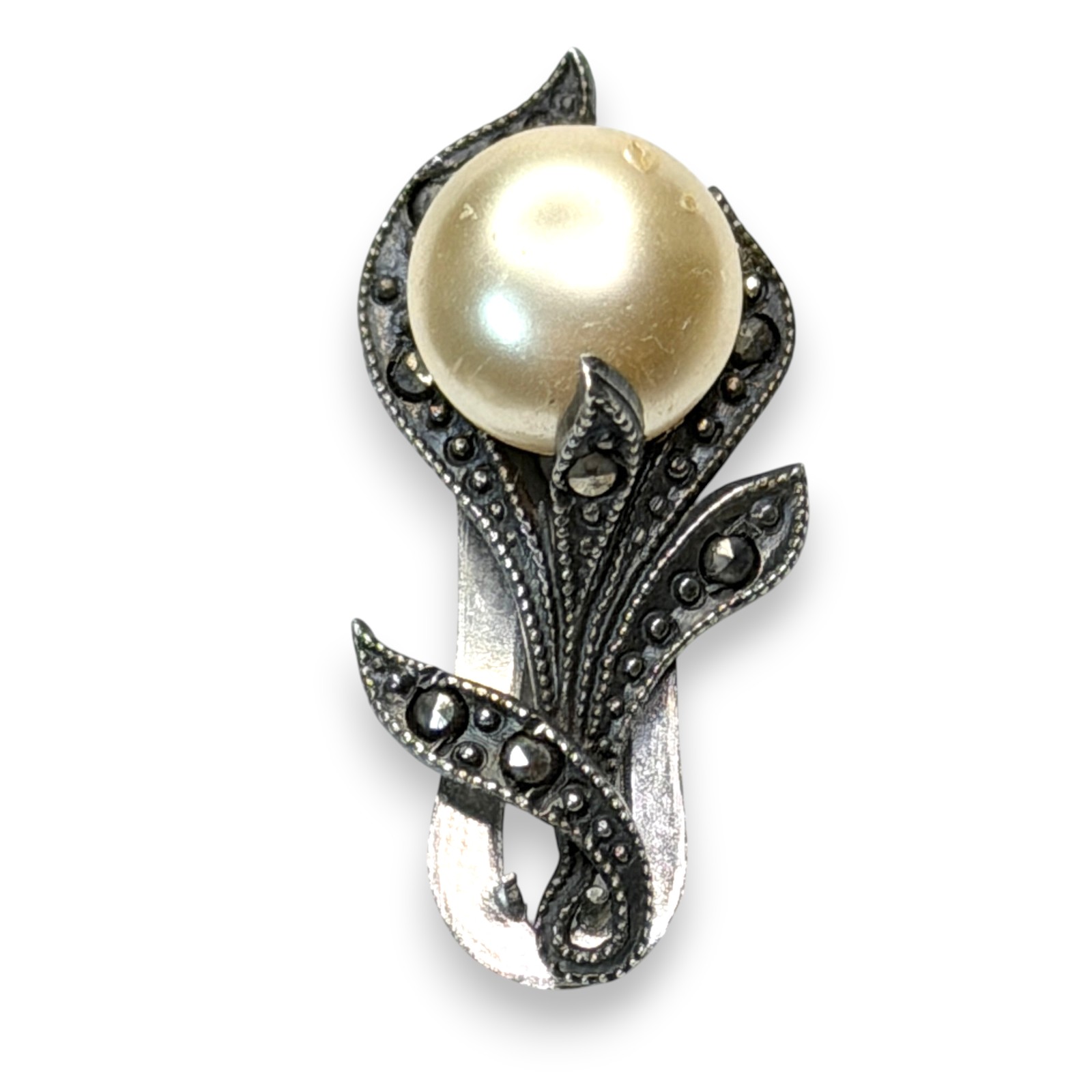 Vintage c.1955 Sterling Silver Marcasite Faux Pearl Floral Dress Clip Brooch