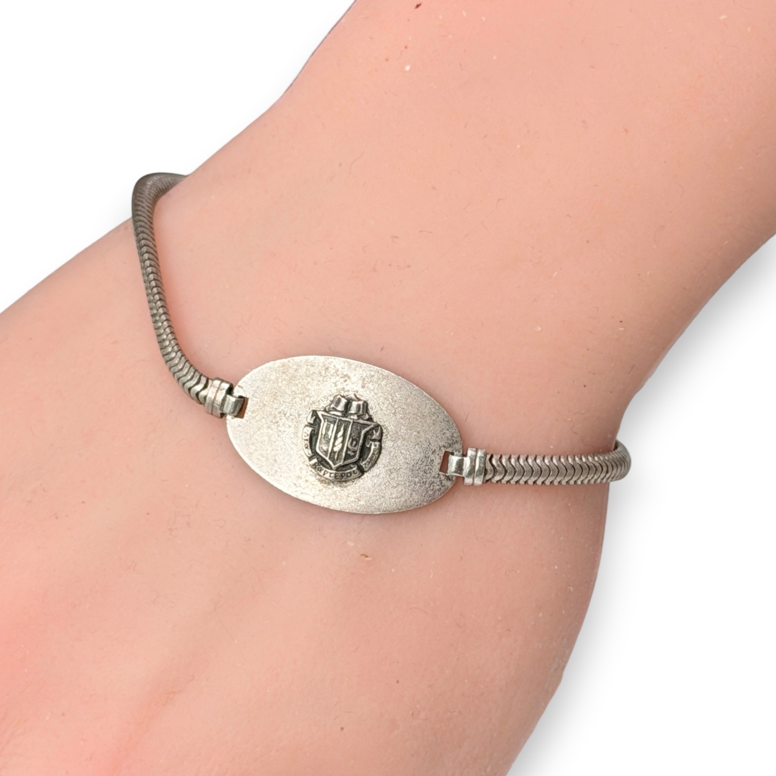 c.1950s FCC Sterling Greek Crest Fraternity ID Snake Chain Mens Bracelet 6.25"